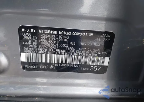 2025 Mitsubishi Outlander Sport 2.0 Es Awc/2.0 Le Awc/2.0 S Awc/2.0 Se Awc/2.0 Trail Edition Awc from USA, damaged, VIN JA4ARUAU8SU013233